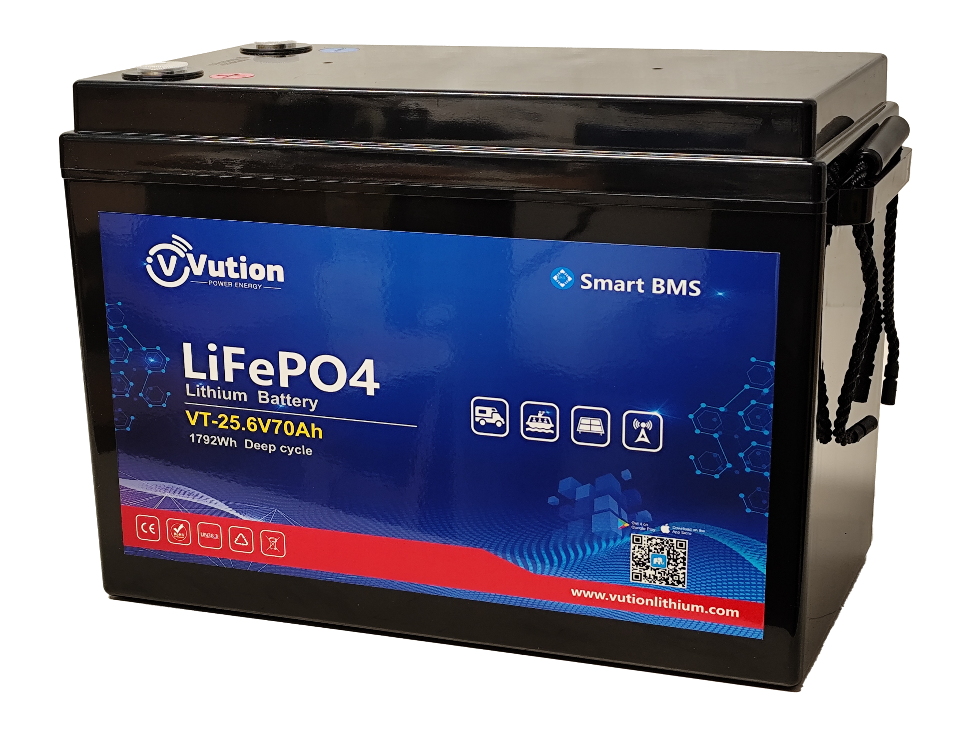 Litium(LiFeP04) akku/24V/70Ah/345x187x249/M8